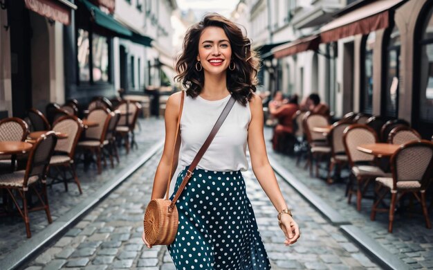 a woman in a blue skirt is walking down a street