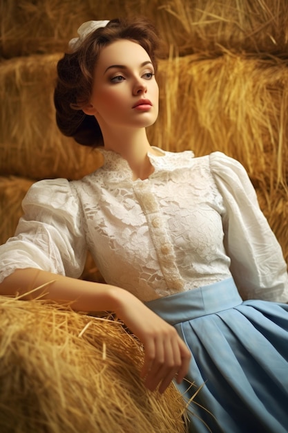 A woman in a blue skirt sits on hay bales.