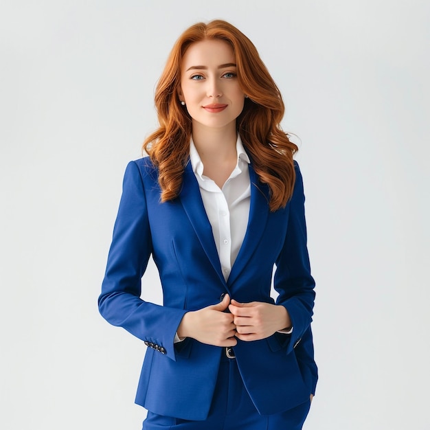 a woman in a blue suit is posing for a photo