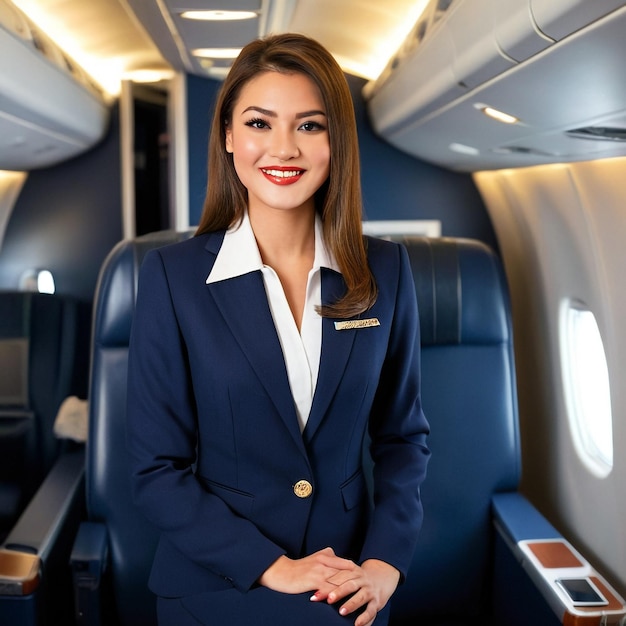 a woman in a blue suit is sitting in an airplane