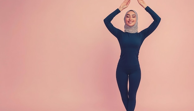 Photo a woman in a blue suit is standing in front of a pink background