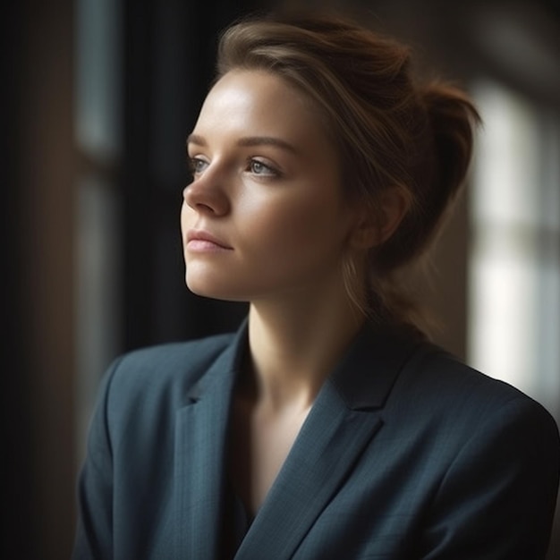 A woman in a blue suit looks out a window