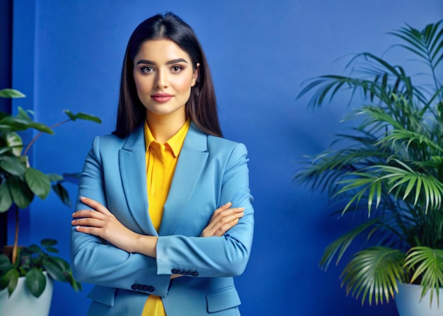 a woman in a blue suit stands in front of a plant with a plant in the background