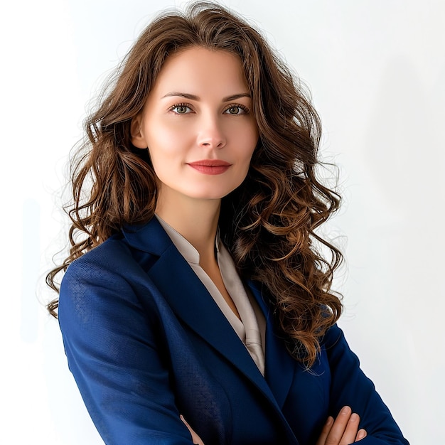 a woman in a blue suit stands in front of a white background