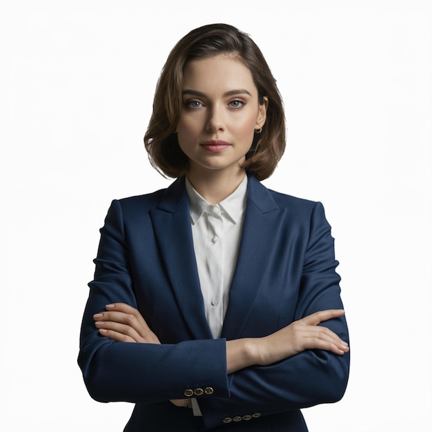 a woman in a blue suit stands in front of a white background