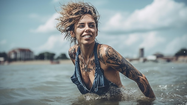 A woman in a blue swimsuit is in the water and she is wearing a tattoo on her arm.