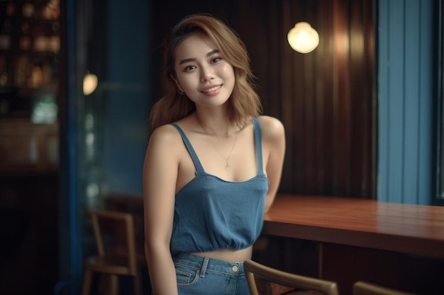 A woman in a blue top and jeans stands in front of a bar.