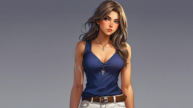 Woman in Blue Top and White Pants Fashionable Outfit Style