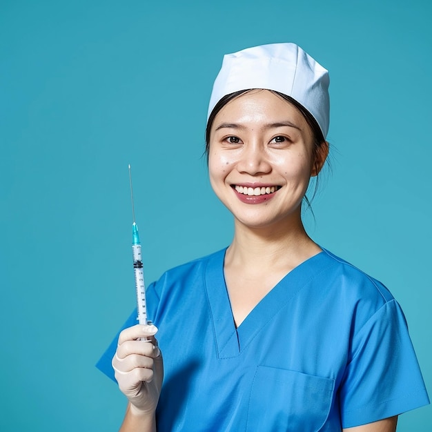 a woman in a blue uniform holds a syringe with a syringe in her hand