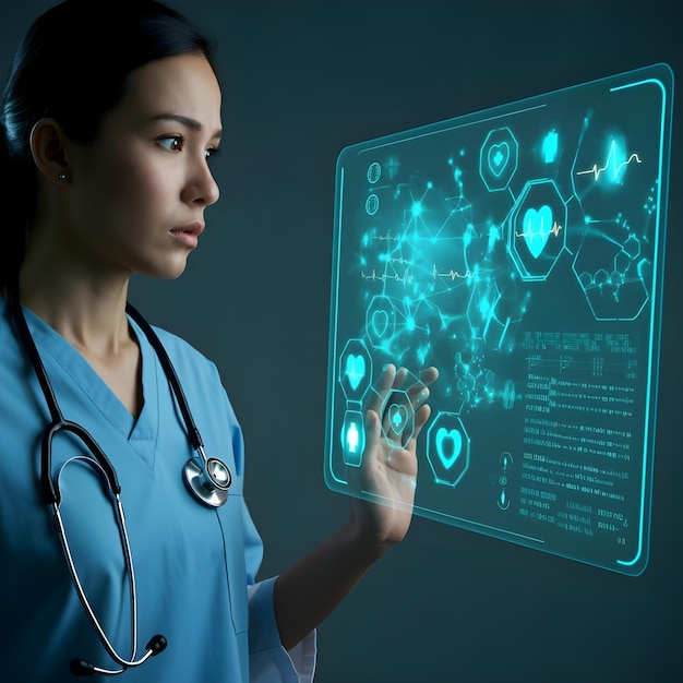 a woman in a blue uniform is holding a tablet with the words quot medical quot on it