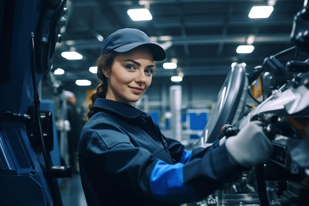 A woman in a blue uniform is using a drill.