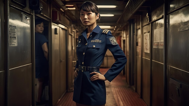 A woman in a blue uniform stands in a hallway with a sign that says'i'm a train '