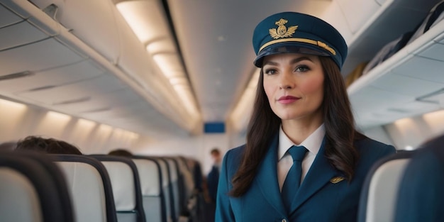 a woman in a blue uniform with a gold emblem on her hat