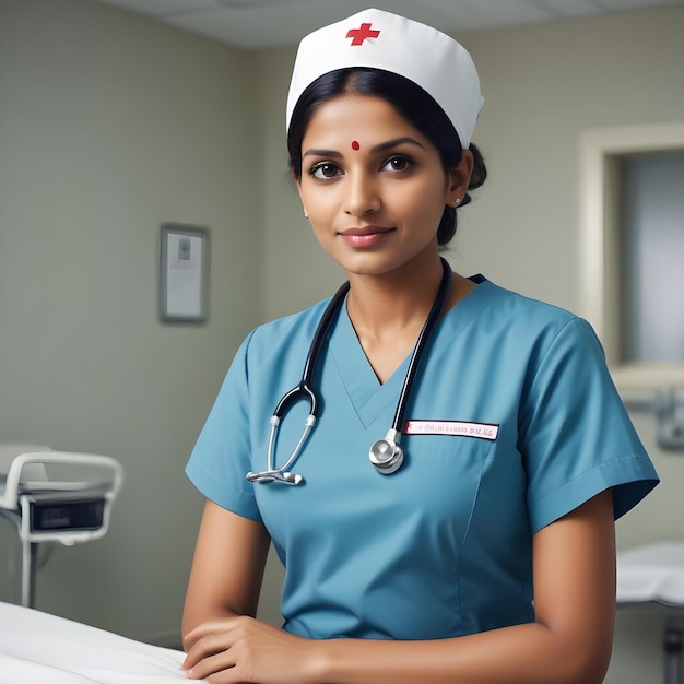 a woman in a blue uniform with a stethoscope on her neck