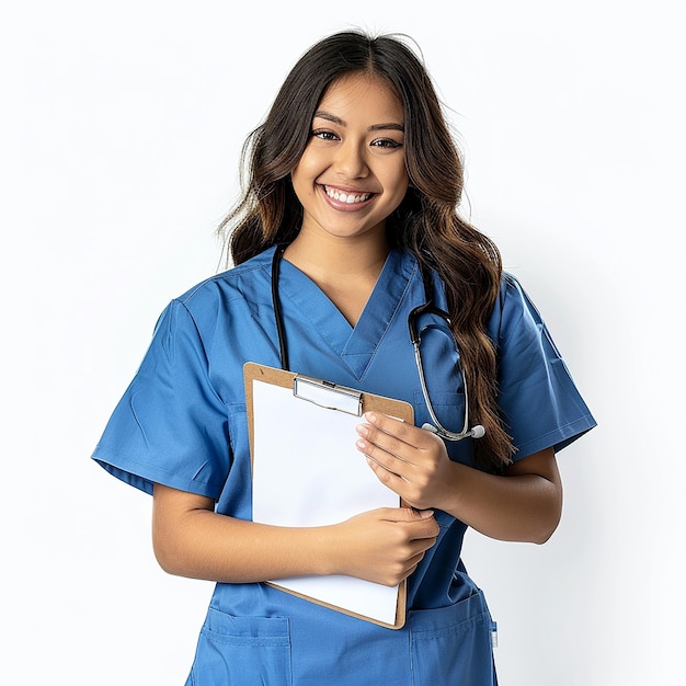 a woman in a blue uniform with a stethoscope on her shoulder