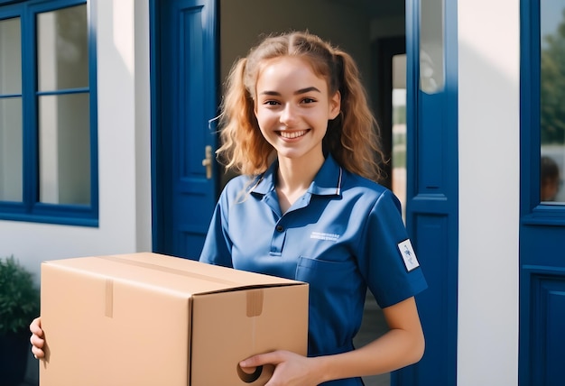 a woman in a blue uniform with a white tag that says quot she is carrying a box quot