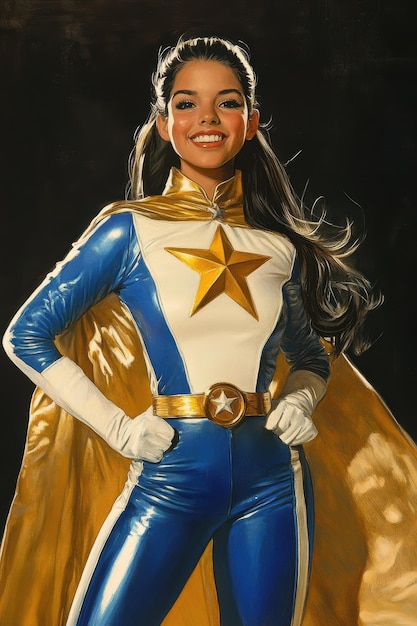 a woman in a blue and white costume with a gold star on her chest