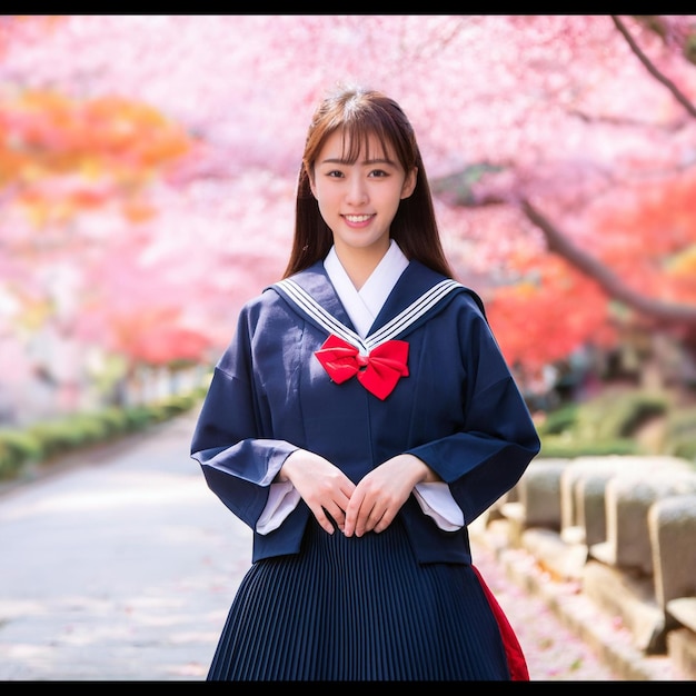 a woman in a blue and white uniform is posing in front of a tree with a red bow