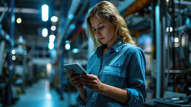 Woman in a blue work uniform is focused on a tablet she is holding standing in an industrial setting with machinery and bright lights in the background