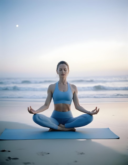 a woman in blue yoga poses on a beach