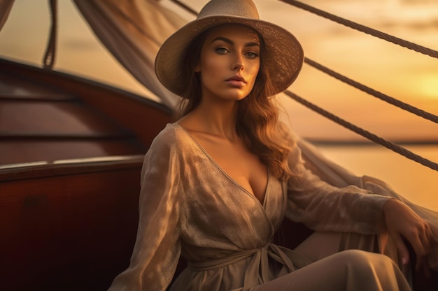 A woman in a boat wearing a hat sits on a boat