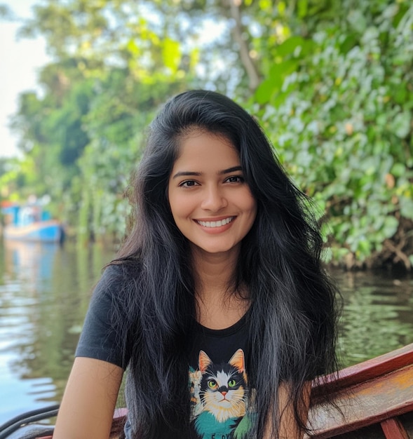 Photo a woman in a boat with a cat on the front