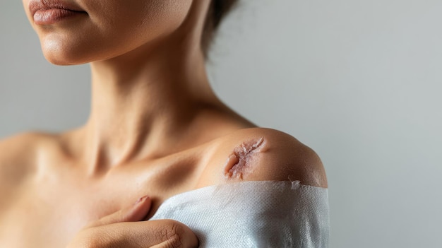 Photo woman body colloid scar on shoulder after surgery medical concept fracture