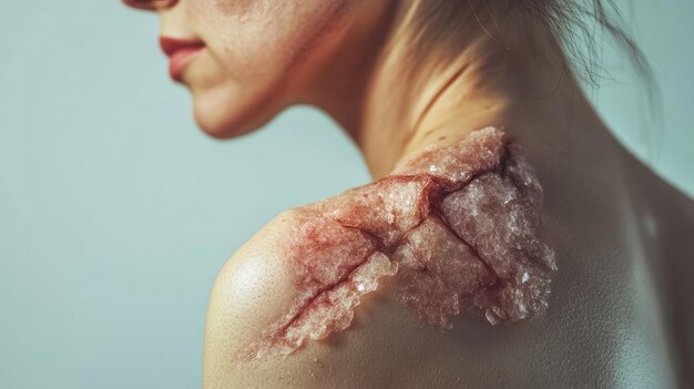 Photo woman body colloid scar on shoulder after surgery medical concept fracture