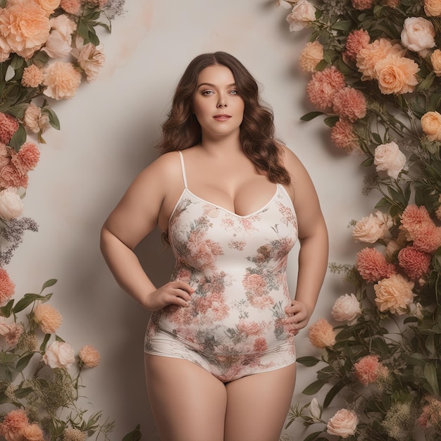 Woman body positive image with floral background