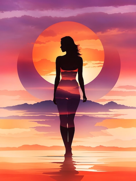 A woman body silhouette against a faded sunset sky