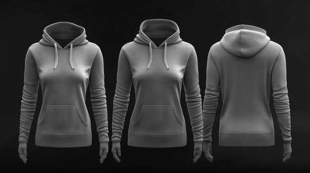 Woman body template wearing gray hoodie from three sides