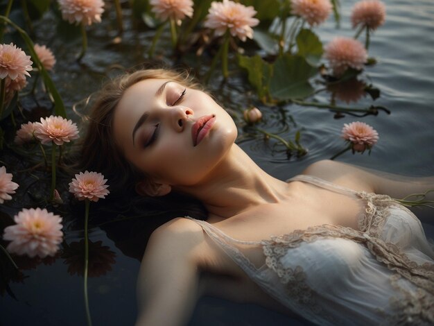 a woman in a body of water with flowers in the background