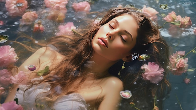 A woman in a body of water with flowers on her head