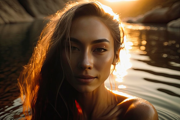 A woman in a body of water with the sun setting behind her