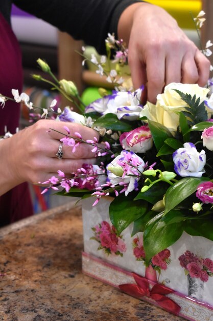 Woman and bouquet of flowers. Flowers for the flower shop. Bouquet directory flower shop.