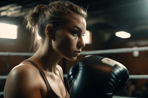 A woman in a boxing gloves is engaged in a boxing match.