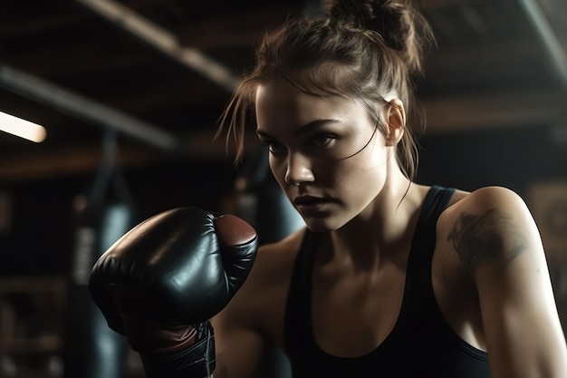 A woman in a boxing gloves is punching with her right hand.