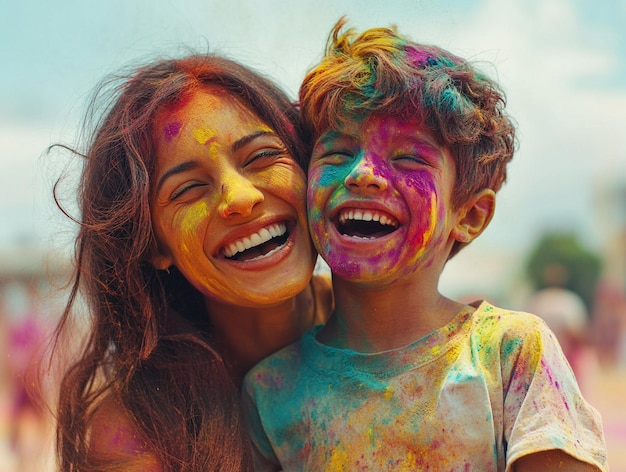 Photo a woman and a boy are smiling and one is wearing a white shirt with colorful colors