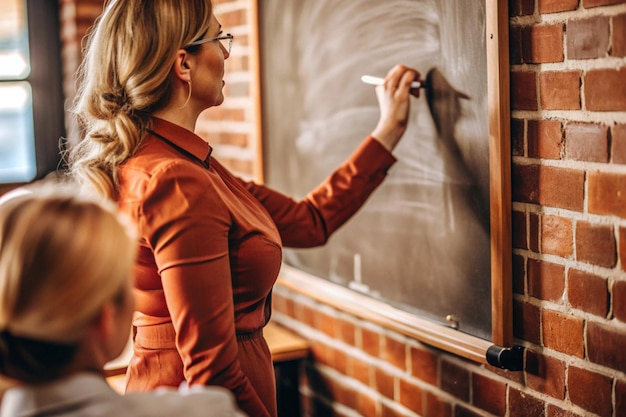 Photo a woman and a boy are writing on a blackboard with a teacher in the background