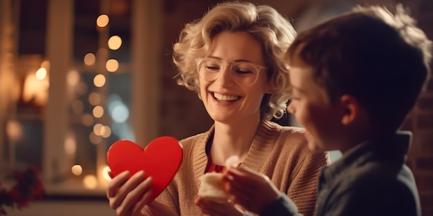 A woman and a boy holding a heart shaped box