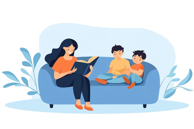 Photo a woman and a boy reading a book on a couch