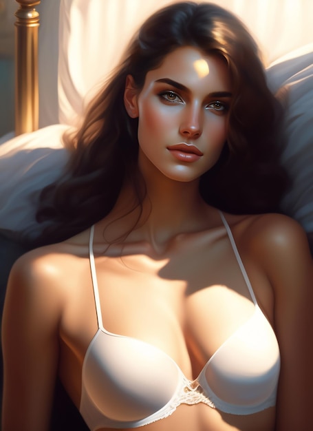 A woman in a bra is laying on a pillow with the sun shining on her face