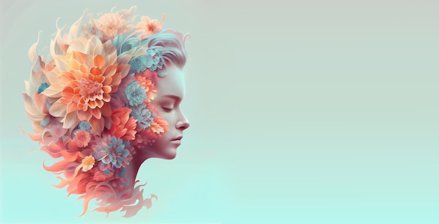 Woman brain with flowers self esteem and mental health care concept positive thinking creative