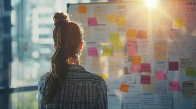 Woman brainstorming with sticky notes on board