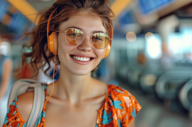 woman in bright comfy summer clothes and headphones in the airport using smartphone ai generated