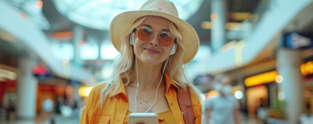 woman in bright comfy summer clothes and headphones in the airport using smartphone ai generated