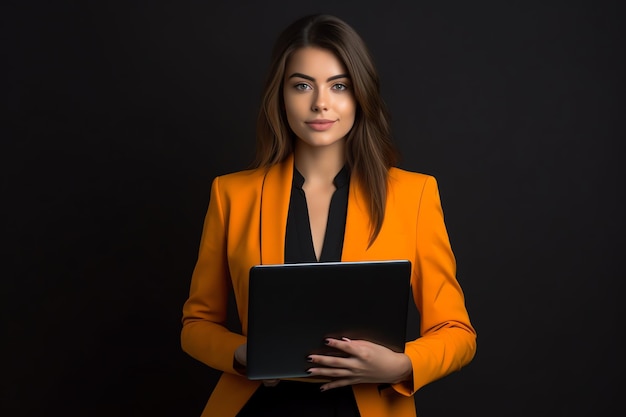 A woman in a bright orange blazer holds a laptop in her hands