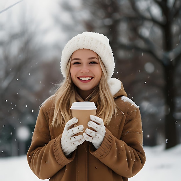 Photo a woman in a brown coat is holding a coffee cup