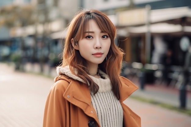 A woman in a brown coat stands on a street in front of a storefront.