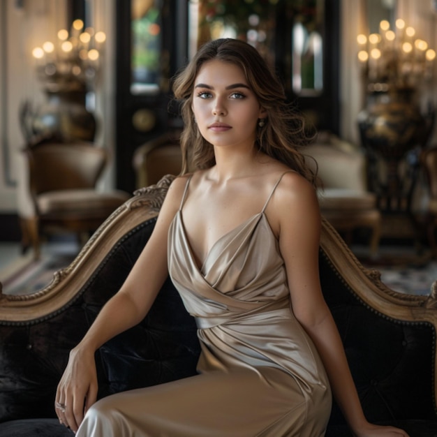 a woman in a brown dress sits in a room with a large mirror behind her